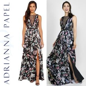 Adrianna Papell Gown Long Floral Print Satin Chiffon Formal Dress wedding prom